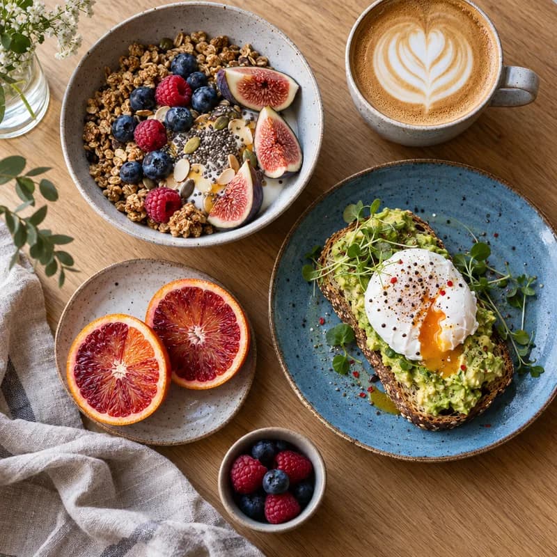 Gecomprimeerde foodfoto van een brunchtafel